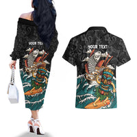 Personalized Japanese Koi Fish Ramen Couples Matching Off The Shoulder Long Sleeve Dress and Hawaiian Shirt Tiki Surfing Wagara Hibiscus Pattern LT9 - Polynesian Pride