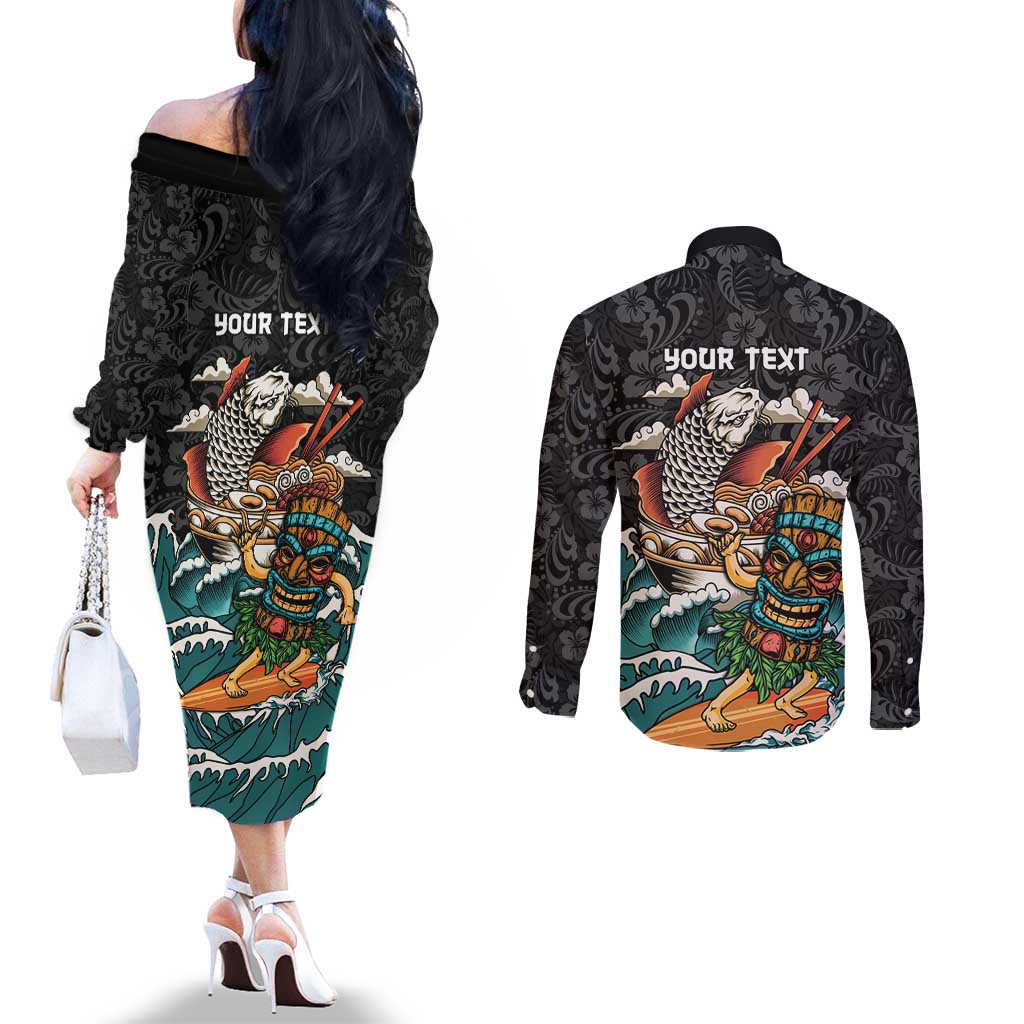 Personalized Japanese Koi Fish Ramen Couples Matching Off The Shoulder Long Sleeve Dress and Long Sleeve Button Shirt Tiki Surfing Wagara Hibiscus Pattern