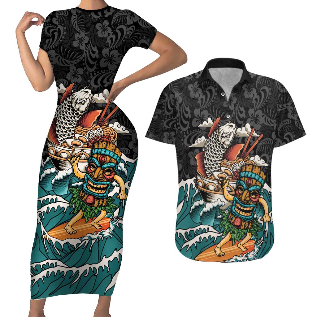Personalized Japanese Koi Fish Ramen Couples Matching Short Sleeve Bodycon Dress and Hawaiian Shirt Tiki Surfing Wagara Hibiscus Pattern LT9 Black - Polynesian Pride