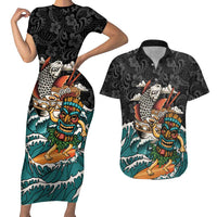Personalized Japanese Koi Fish Ramen Couples Matching Short Sleeve Bodycon Dress and Hawaiian Shirt Tiki Surfing Wagara Hibiscus Pattern LT9 Black - Polynesian Pride