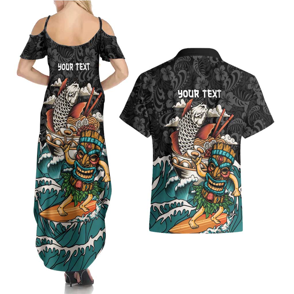 Personalized Japanese Koi Fish Ramen Couples Matching Summer Maxi Dress and Hawaiian Shirt Tiki Surfing Wagara Hibiscus Pattern