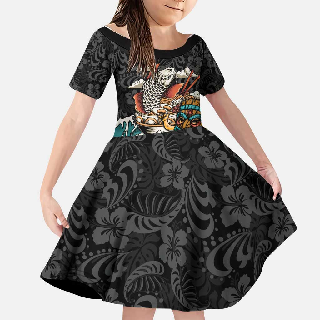Personalized Japanese Koi Fish Ramen Family Matching Off Shoulder Maxi Dress and Hawaiian Shirt Tiki Surfing Wagara Hibiscus Pattern
