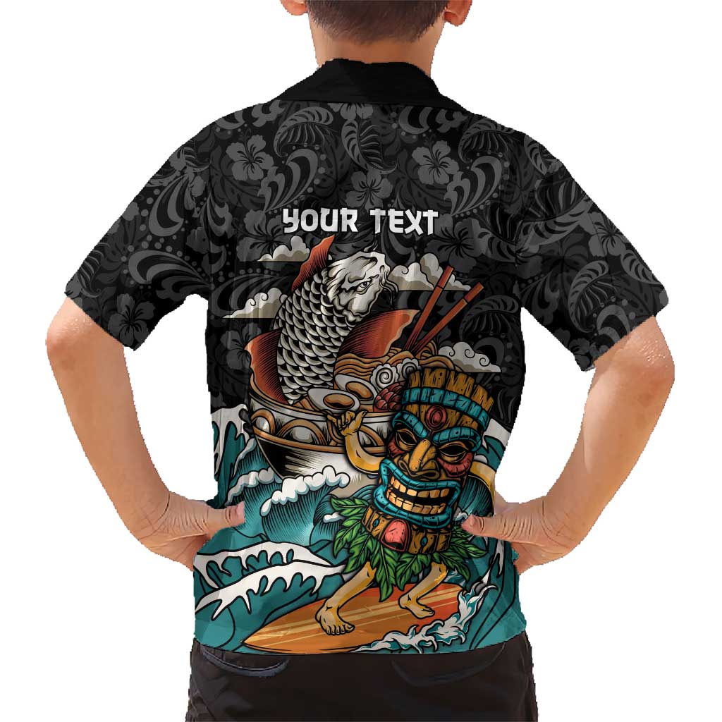 Personalized Japanese Koi Fish Ramen Family Matching Off Shoulder Short Dress and Hawaiian Shirt Tiki Surfing Wagara Hibiscus Pattern