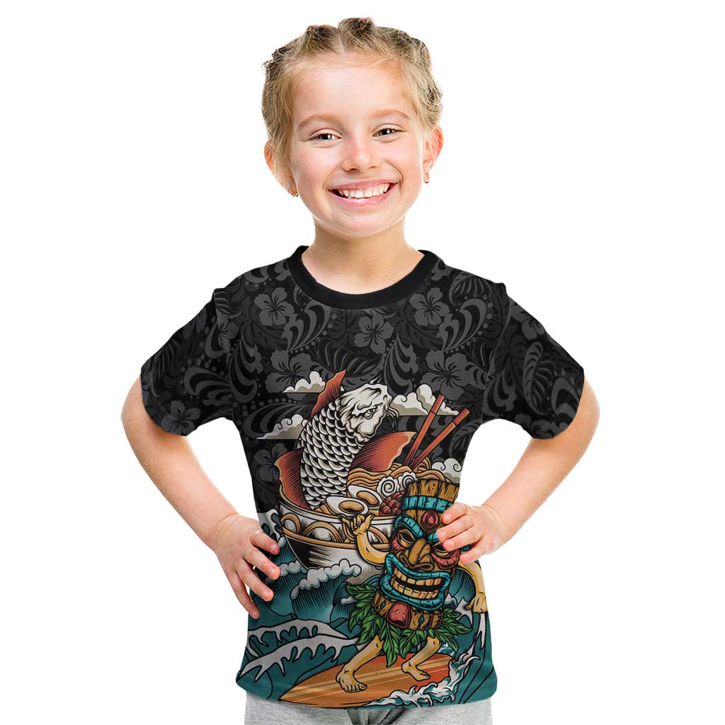 Personalized Japanese Koi Fish Ramen Kid T Shirt Tiki Surfing Wagara Hibiscus Pattern