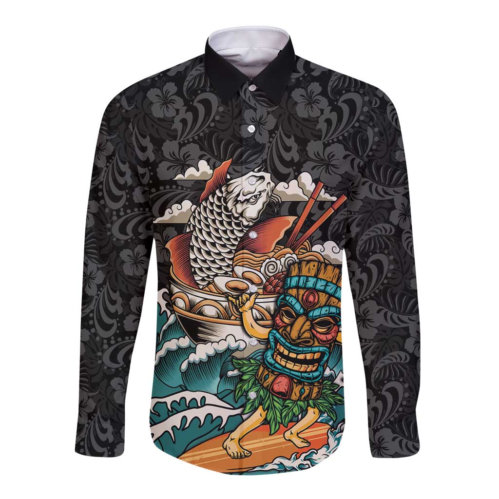 Personalized Japanese Koi Fish Ramen Long Sleeve Button Shirt Tiki Surfing Wagara Hibiscus Pattern