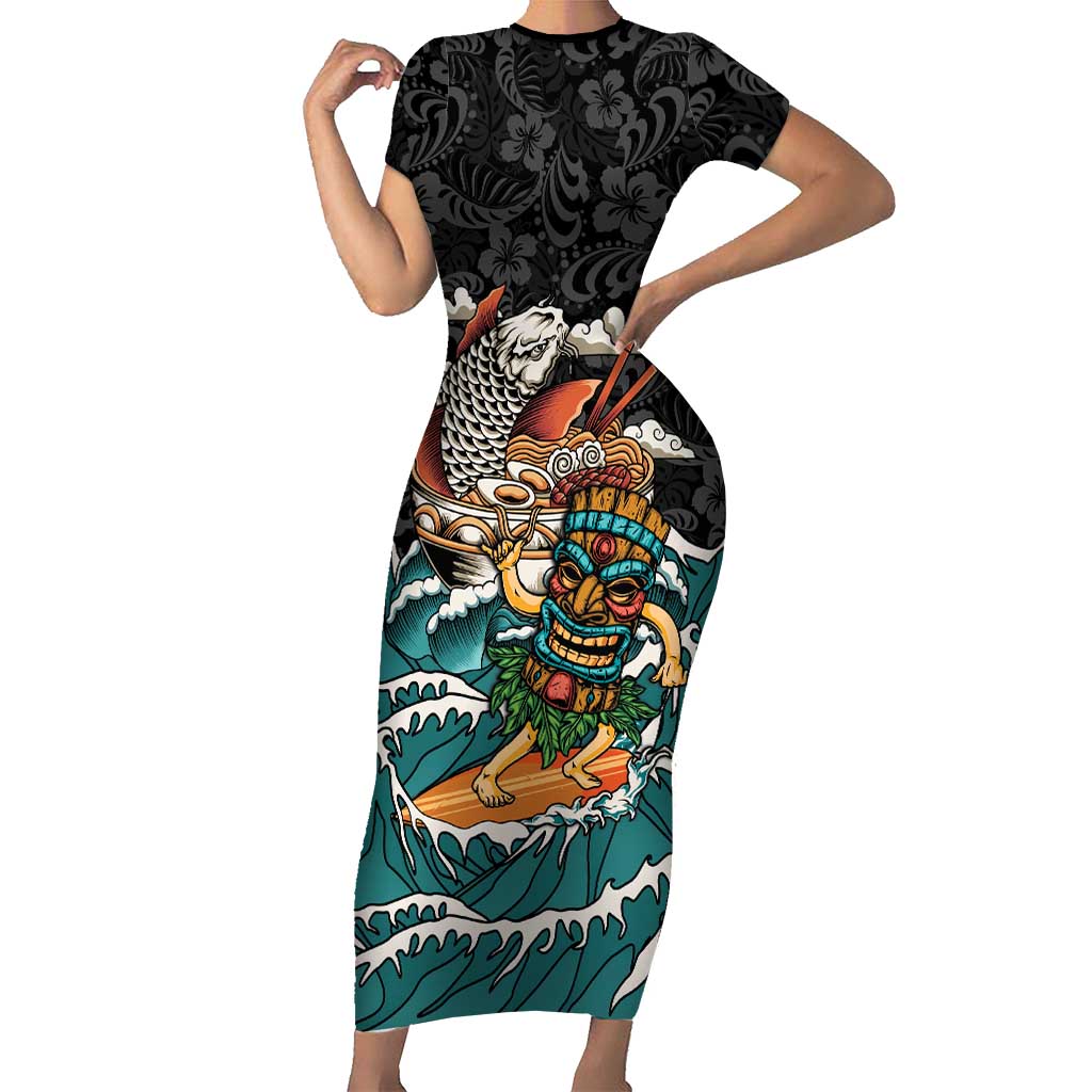 Personalized Japanese Koi Fish Ramen Short Sleeve Bodycon Dress Tiki Surfing Wagara Hibiscus Pattern