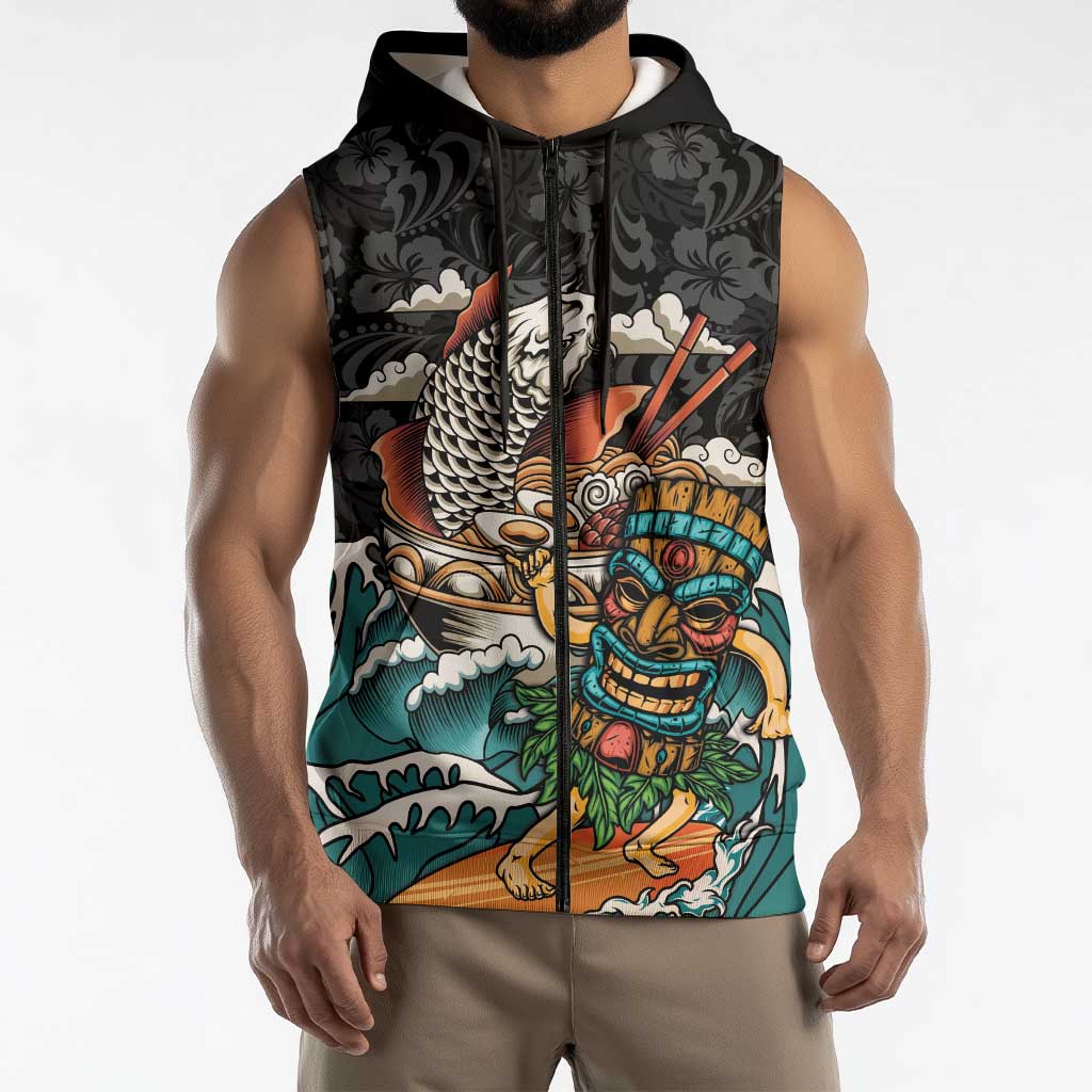 Personalized Japanese Koi Fish Ramen Sleeveless Zip Hoodie Tiki Surfing Wagara Hibiscus Pattern LT9 - Polynesian Pride