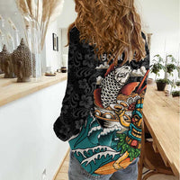 Personalized Japanese Koi Fish Ramen Women Casual Shirt Tiki Surfing Wagara Hibiscus Pattern