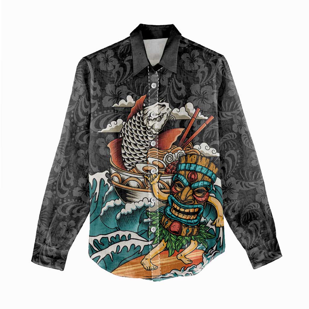 Personalized Japanese Koi Fish Ramen Women Casual Shirt Tiki Surfing Wagara Hibiscus Pattern