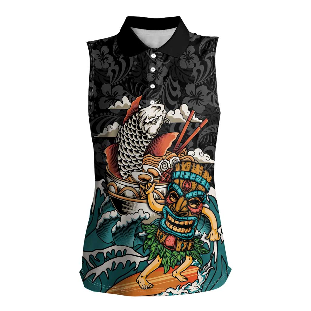 Personalized Japanese Koi Fish Ramen Women Sleeveless Polo Shirt Tiki Surfing Wagara Hibiscus Pattern