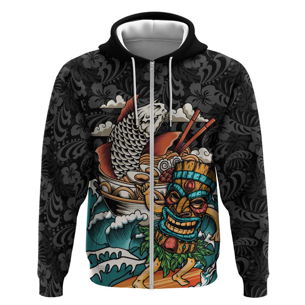 Personalized Japanese Koi Fish Ramen Zip Hoodie Tiki Surfing Wagara Hibiscus Pattern
