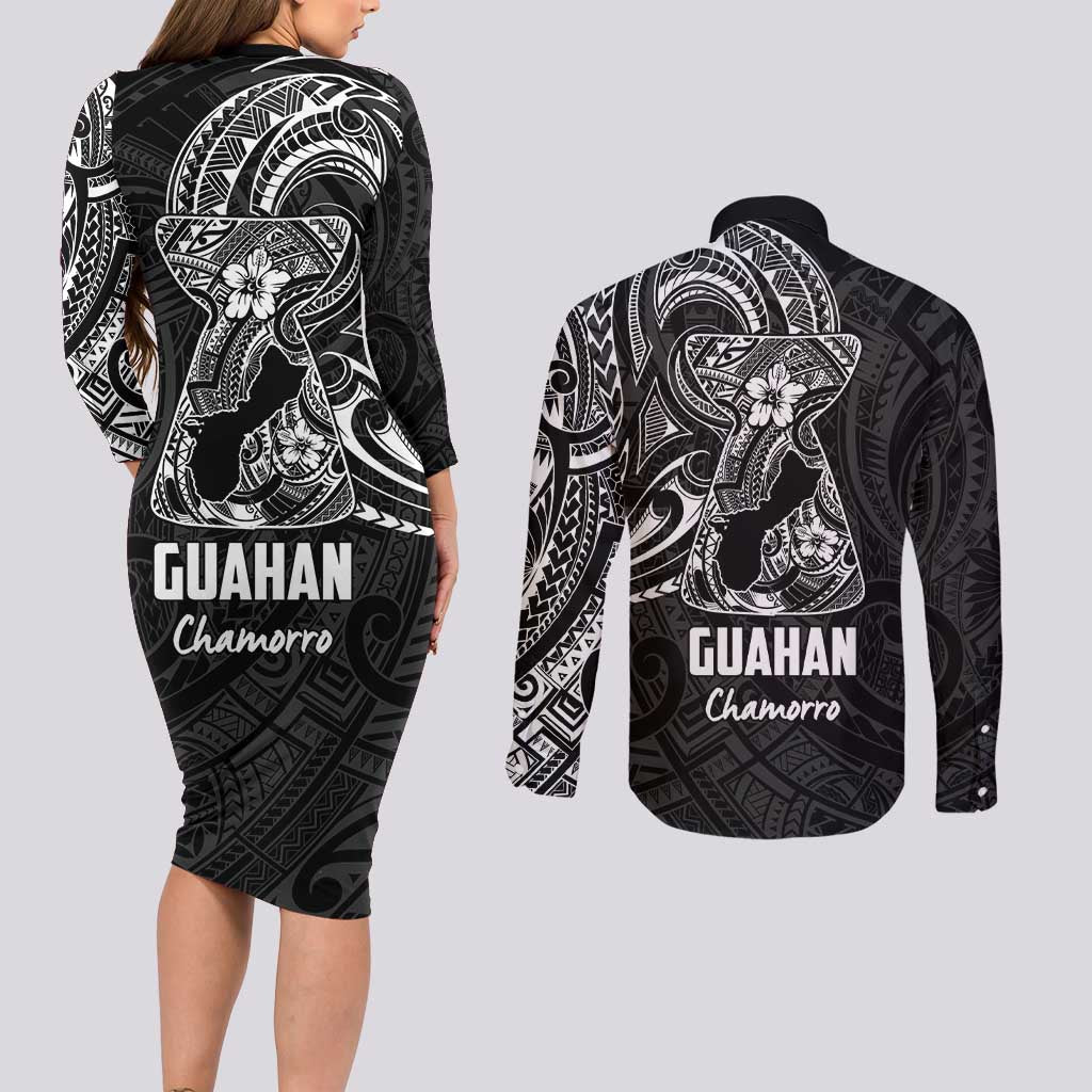 Black Guam Latte Stone Tribal Tattoo Couples Matching Long Sleeve Bodycon Dress and Long Sleeve Button Shirt Hafa Adai Six 7 One