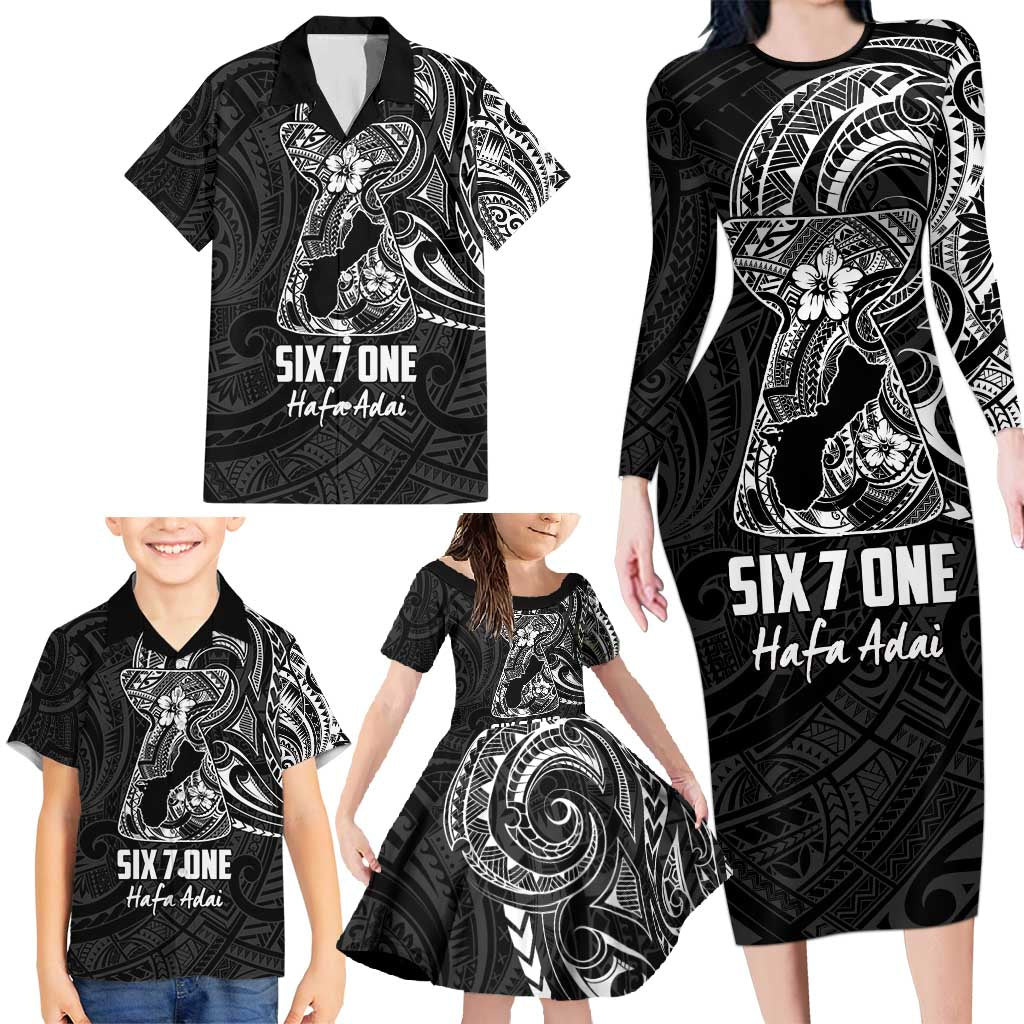 Black Guam Latte Stone Tribal Tattoo Family Matching Long Sleeve Bodycon Dress and Hawaiian Shirt Hafa Adai Six 7 One