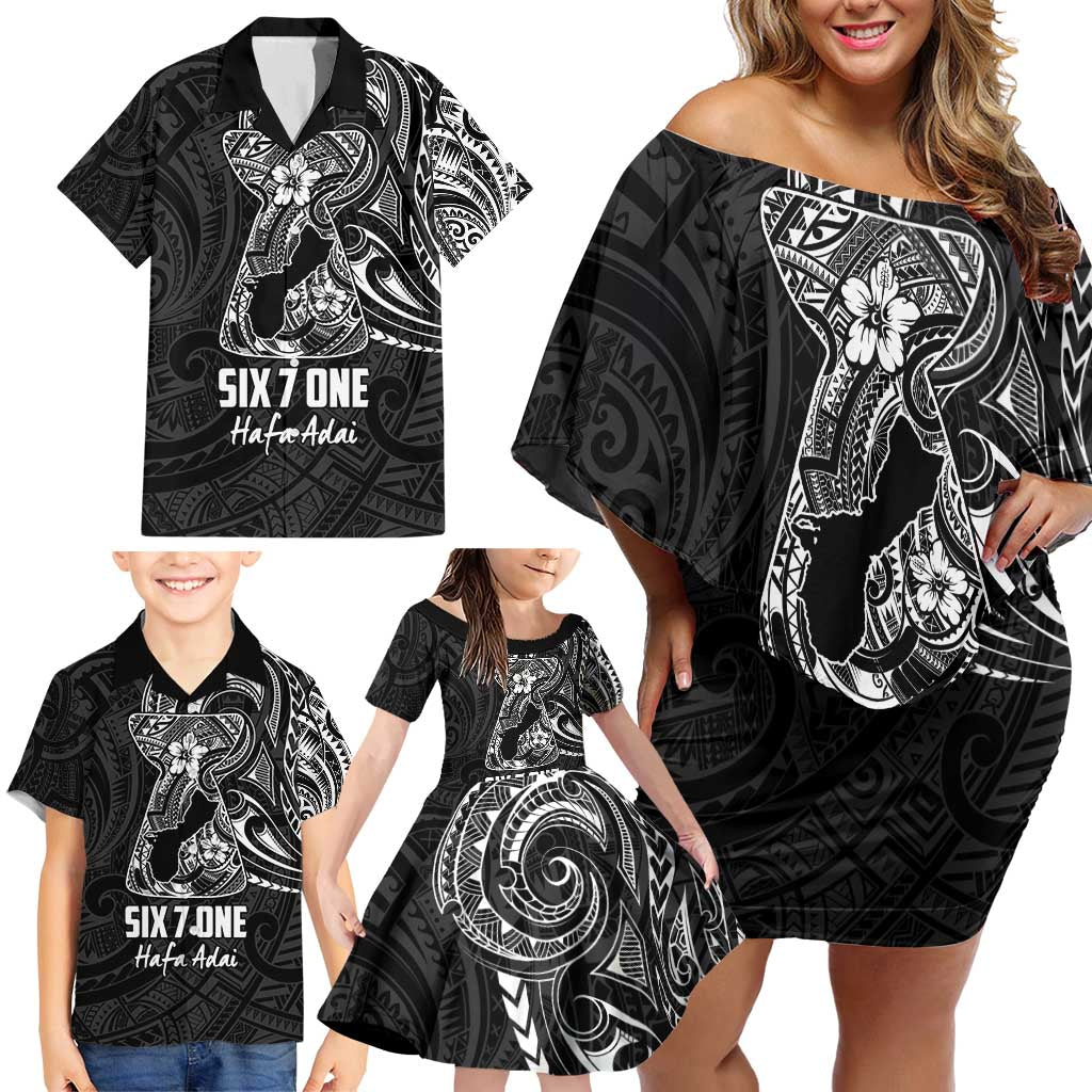 Black Guam Latte Stone Tribal Tattoo Family Matching Off Shoulder Short Dress and Hawaiian Shirt Hafa Adai Six 7 One