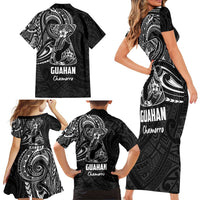 Black Guam Latte Stone Tribal Tattoo Family Matching Short Sleeve Bodycon Dress and Hawaiian Shirt Hafa Adai Six 7 One