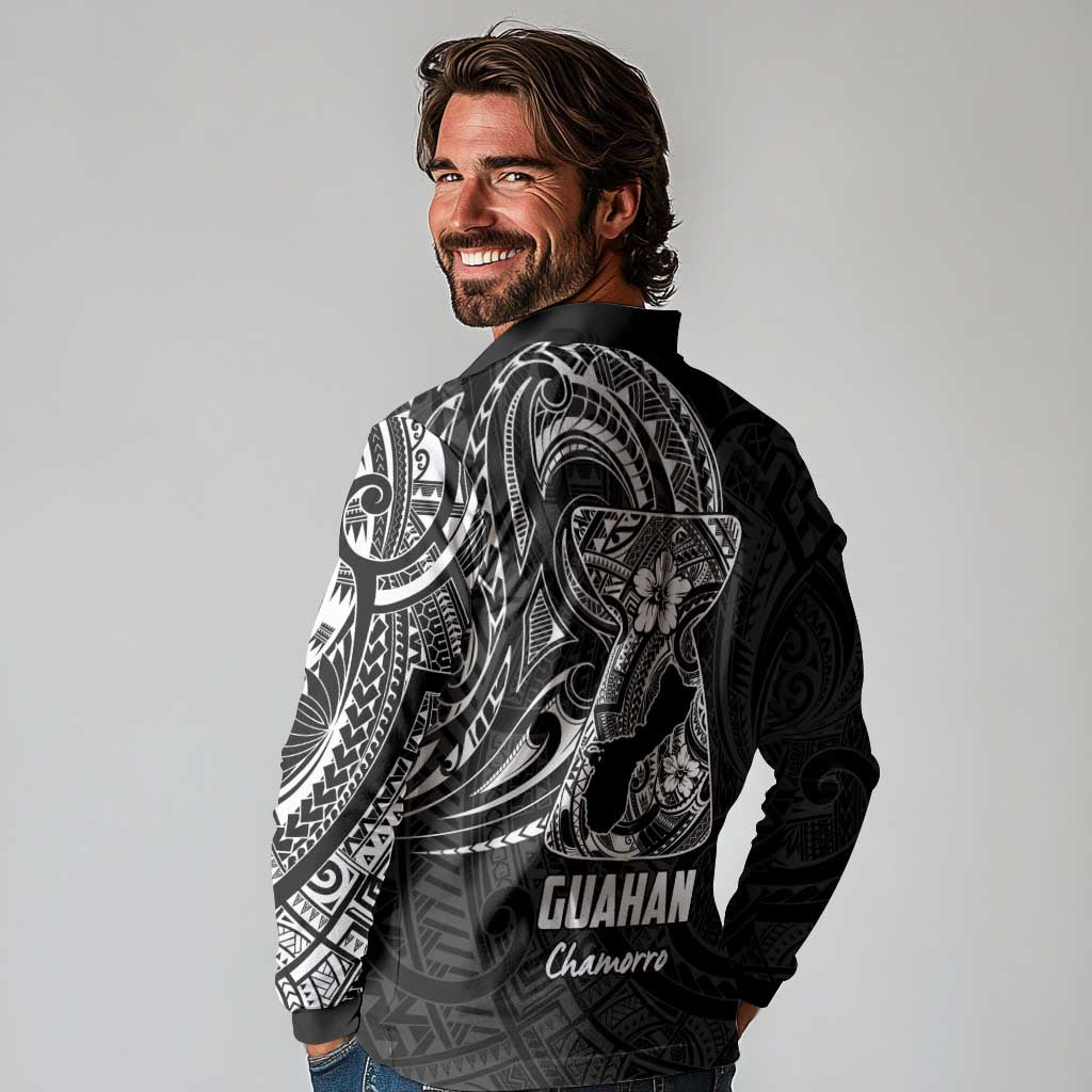 Black Guam Latte Stone Tribal Tattoo Long Sleeve Polo Shirt Hafa Adai Six 7 One