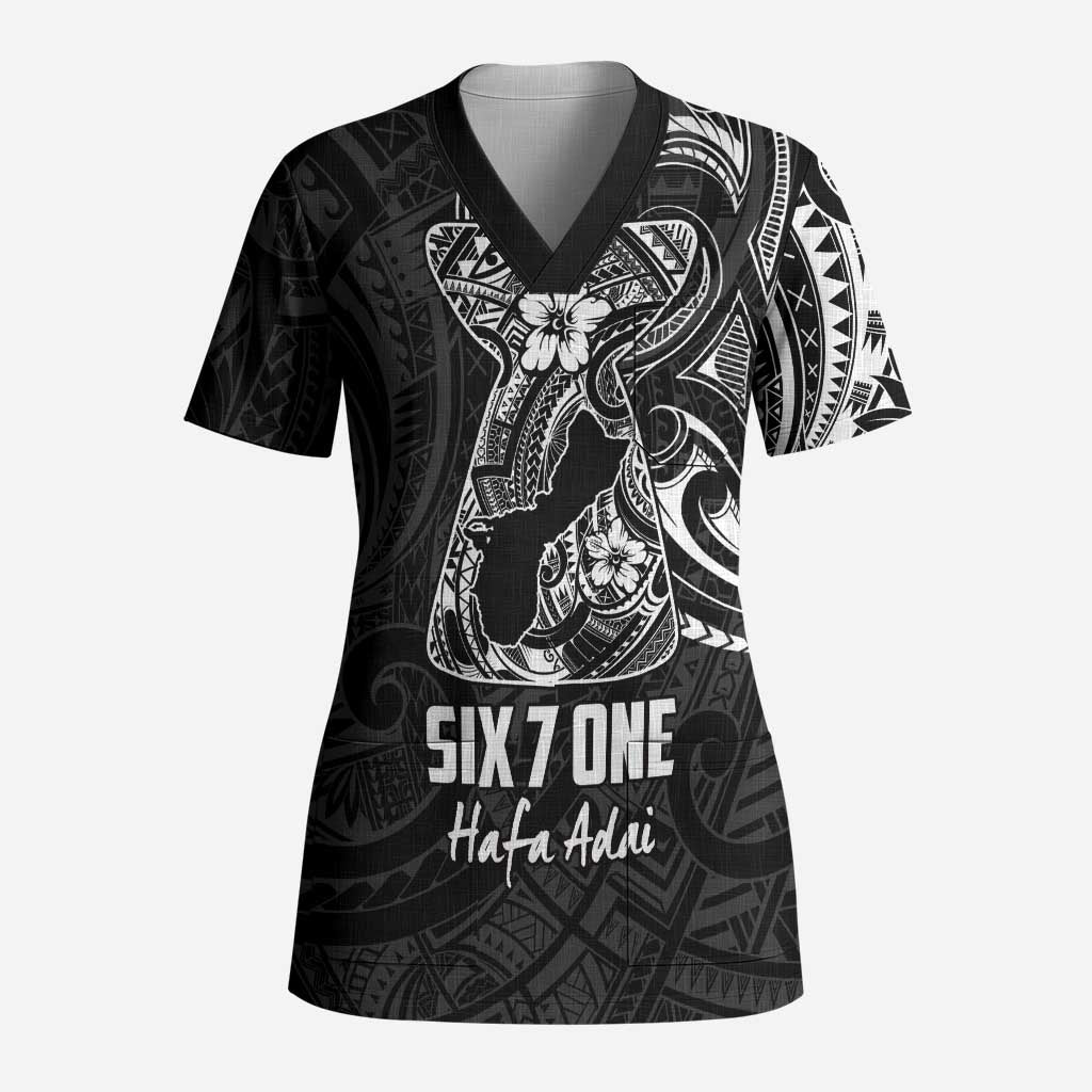 Black Guam Latte Stone Tribal Tattoo Scrub Top Hafa Adai Six 7 One - Polynesian Pride