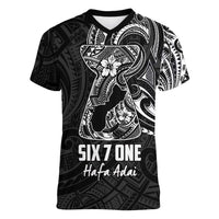 Black Guam Latte Stone Tribal Tattoo Women V-Neck T-Shirt Hafa Adai Six 7 One