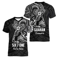Black Guam Latte Stone Tribal Tattoo Women V-Neck T-Shirt Hafa Adai Six 7 One