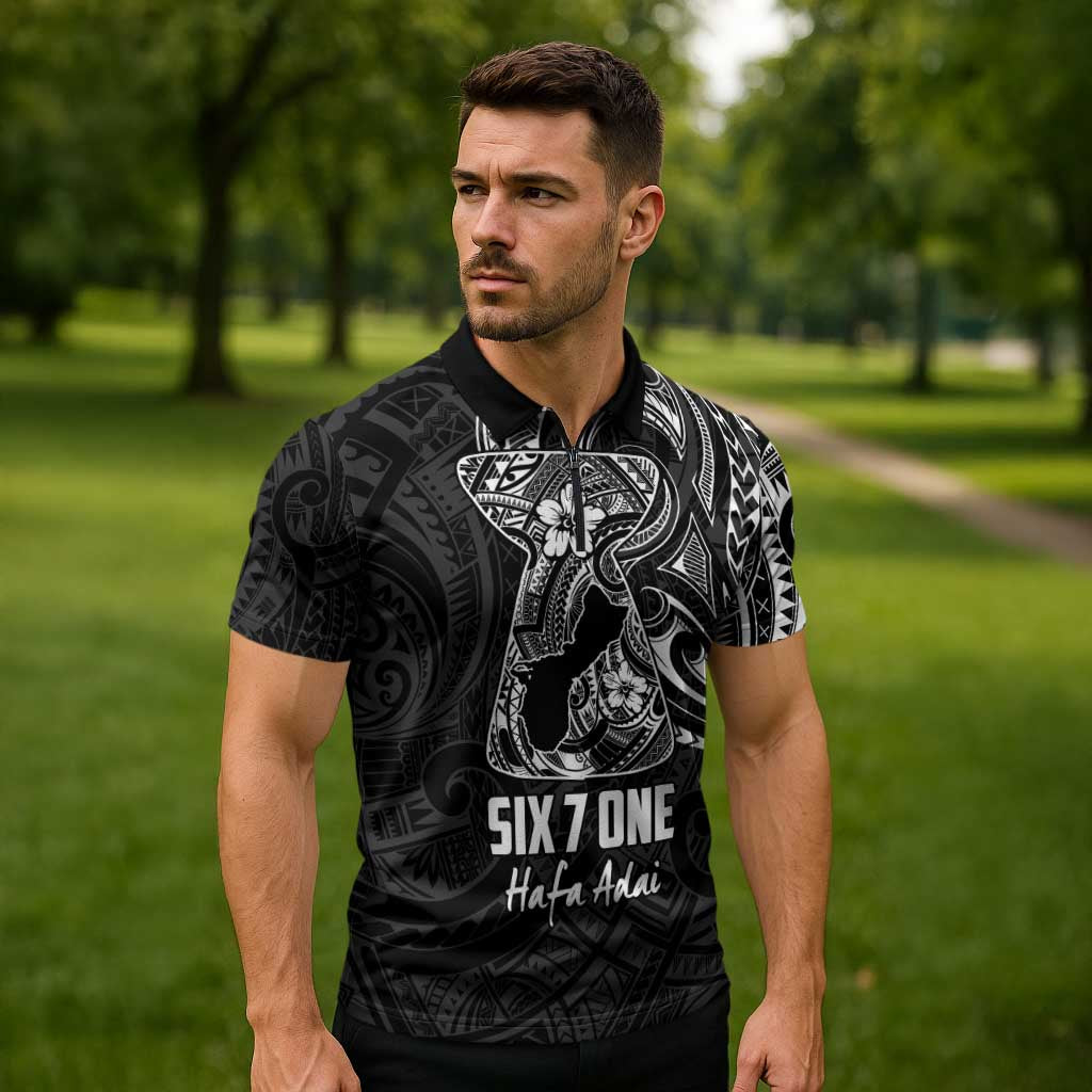 Black Guam Latte Stone Tribal Tattoo Zipper Polo Shirt Hafa Adai Six 7 One - Polynesian Pride