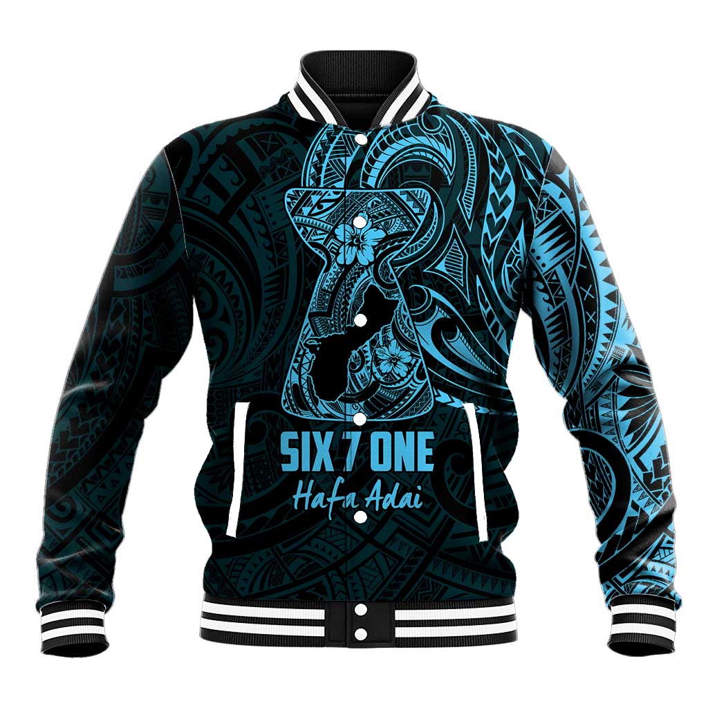 Blue Guam Latte Stone Tribal Tattoo Baseball Jacket Hafa Adai Six 7 One