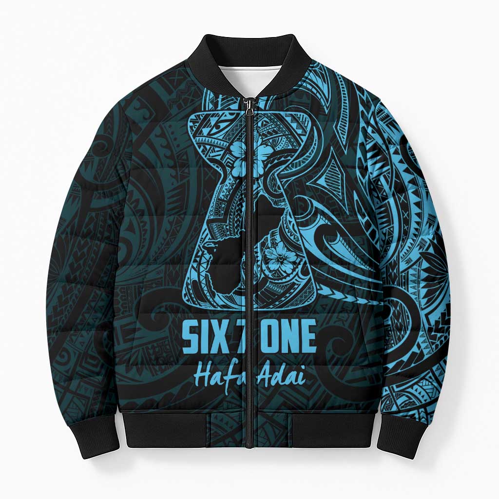 Blue Guam Latte Stone Tribal Tattoo Bomber Puffer Jacket Hafa Adai Six 7 One - Polynesian Pride