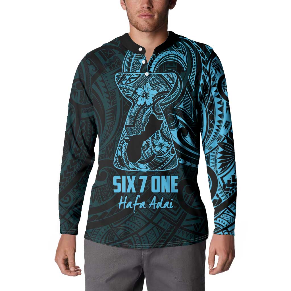 Blue Guam Latte Stone Tribal Tattoo Button Sweatshirt Hafa Adai Six 7 One