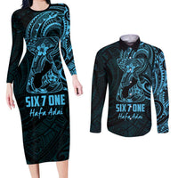Blue Guam Latte Stone Tribal Tattoo Couples Matching Long Sleeve Bodycon Dress and Long Sleeve Button Shirt Hafa Adai Six 7 One