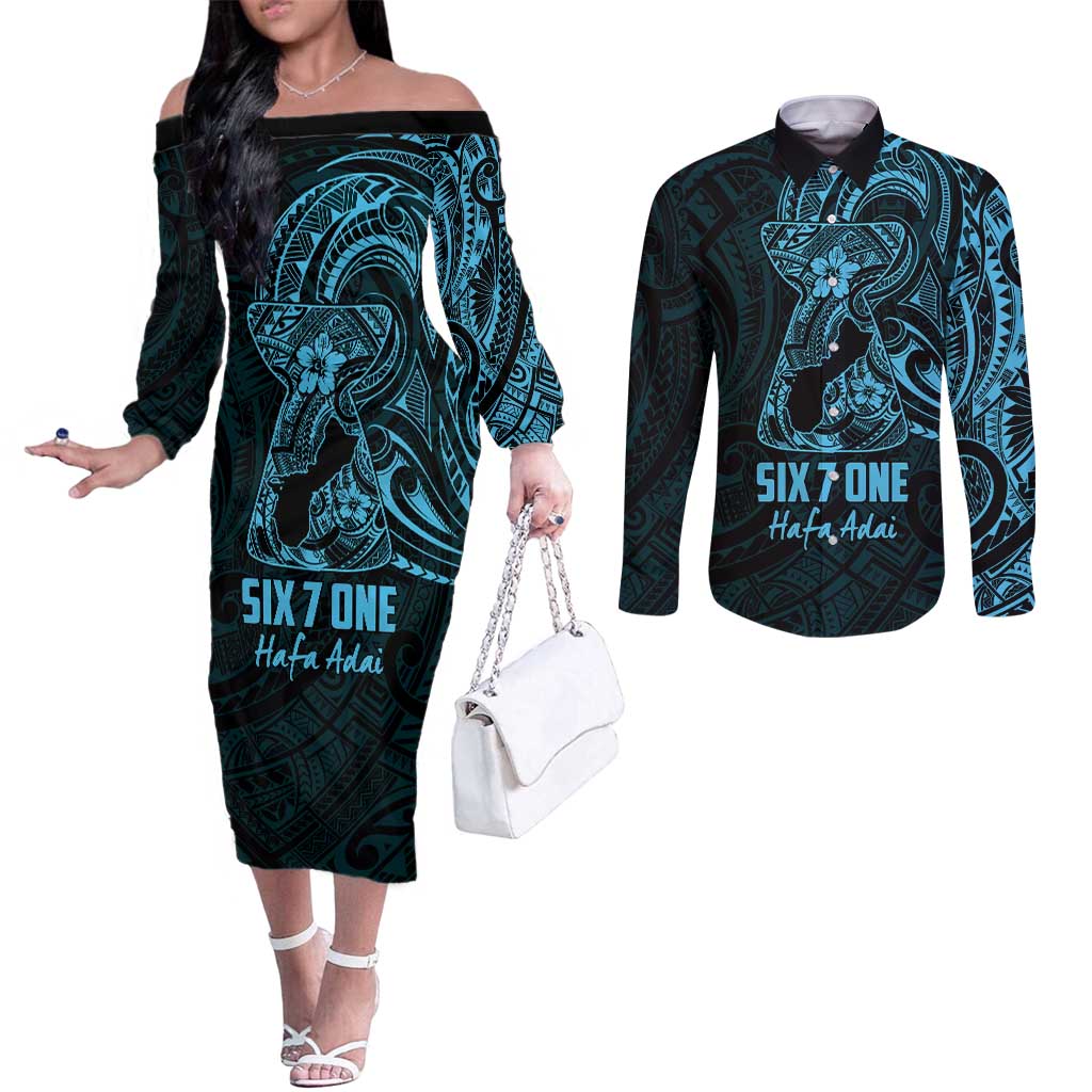 Blue Guam Latte Stone Tribal Tattoo Couples Matching Off The Shoulder Long Sleeve Dress and Long Sleeve Button Shirt Hafa Adai Six 7 One