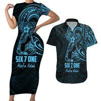 Blue Guam Latte Stone Tribal Tattoo Couples Matching Short Sleeve Bodycon Dress and Hawaiian Shirt Hafa Adai Six 7 One