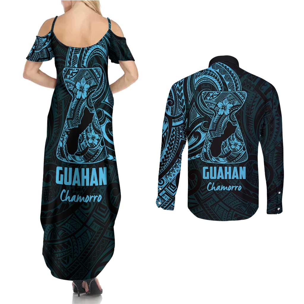 Blue Guam Latte Stone Tribal Tattoo Couples Matching Summer Maxi Dress and Long Sleeve Button Shirt Hafa Adai Six 7 One