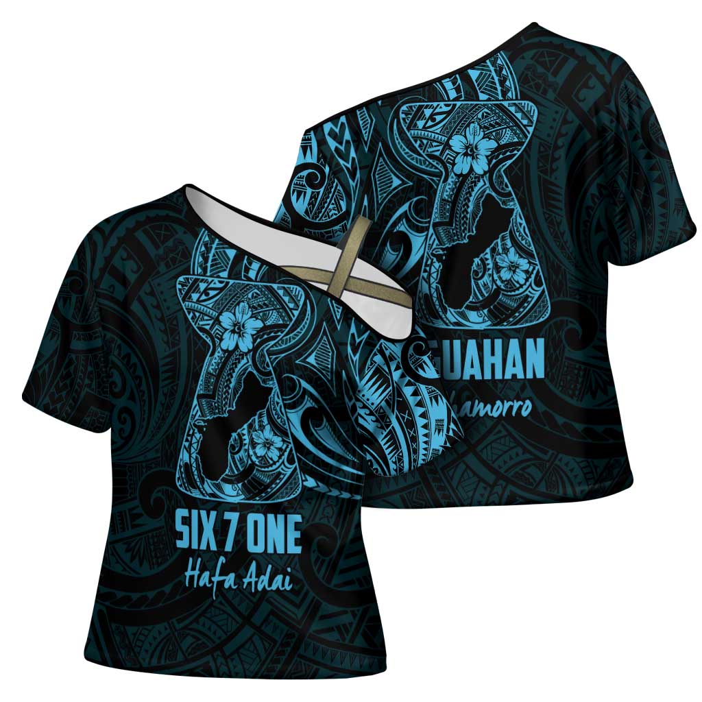 Blue Guam Latte Stone Tribal Tattoo Cross Shoulder Shirt Hafa Adai Six 7 One - Polynesian Pride