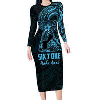 Blue Guam Latte Stone Tribal Tattoo Family Matching Long Sleeve Bodycon Dress and Hawaiian Shirt Hafa Adai Six 7 One