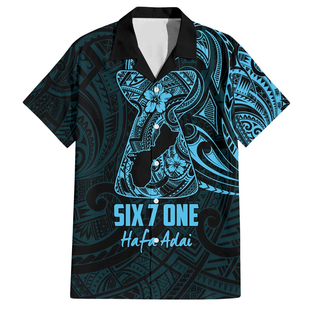 Blue Guam Latte Stone Tribal Tattoo Family Matching Off Shoulder Short Dress and Hawaiian Shirt Hafa Adai Six 7 One