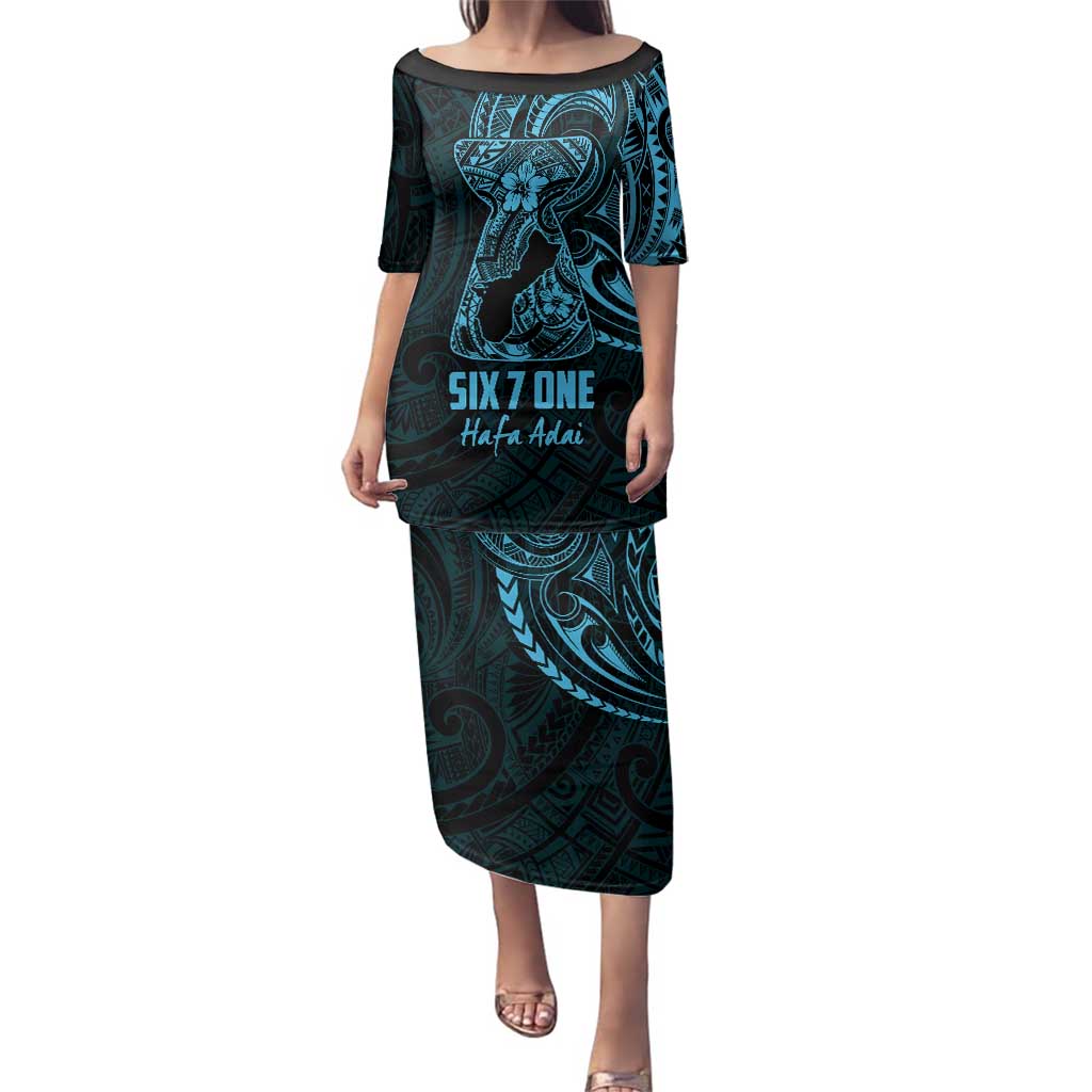 Blue Guam Latte Stone Tribal Tattoo Family Matching Puletasi and Hawaiian Shirt Hafa Adai Six 7 One