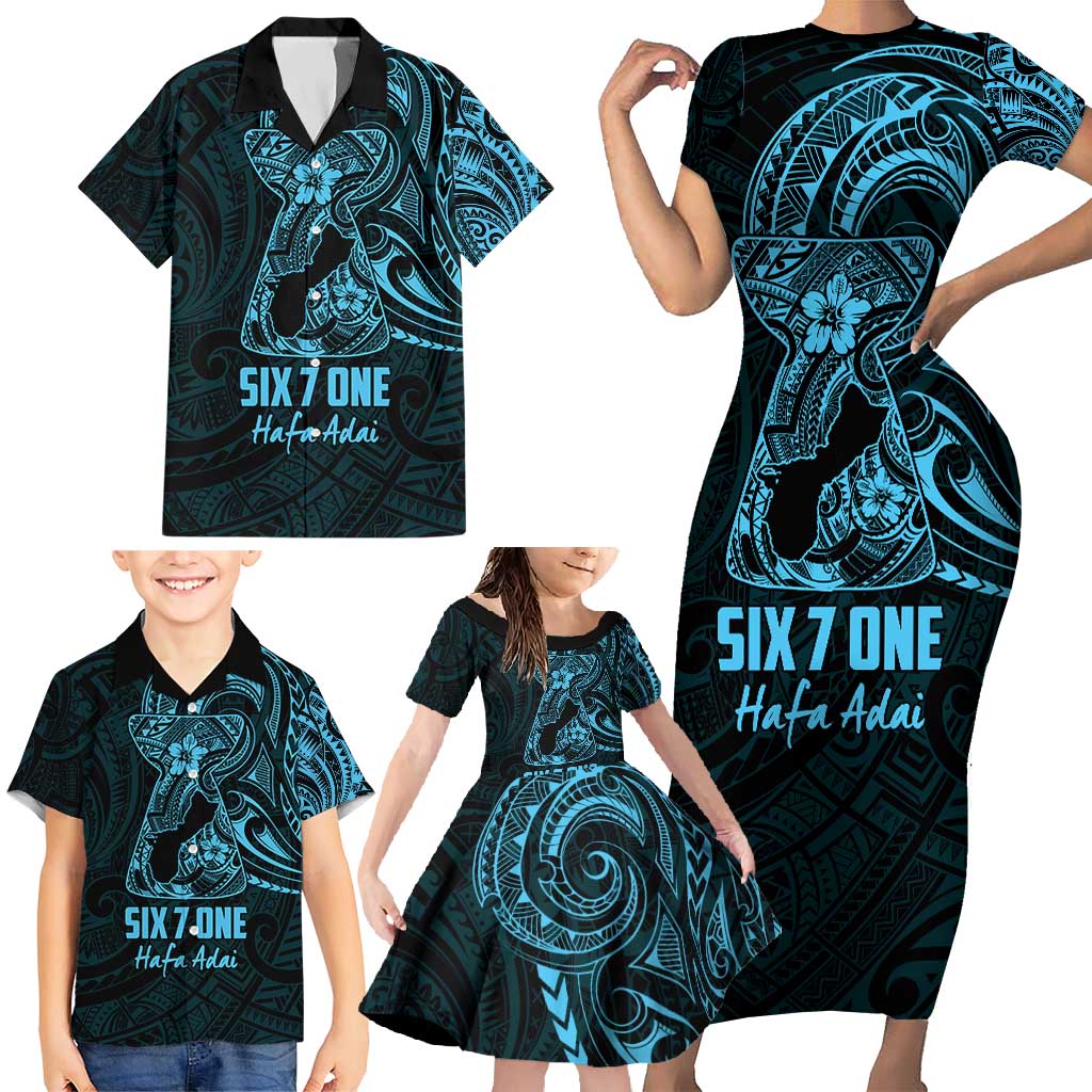 Blue Guam Latte Stone Tribal Tattoo Family Matching Short Sleeve Bodycon Dress and Hawaiian Shirt Hafa Adai Six 7 One
