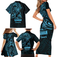 Blue Guam Latte Stone Tribal Tattoo Family Matching Short Sleeve Bodycon Dress and Hawaiian Shirt Hafa Adai Six 7 One