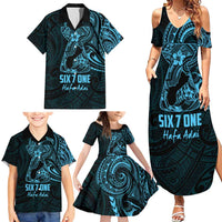 Blue Guam Latte Stone Tribal Tattoo Family Matching Summer Maxi Dress and Hawaiian Shirt Hafa Adai Six 7 One