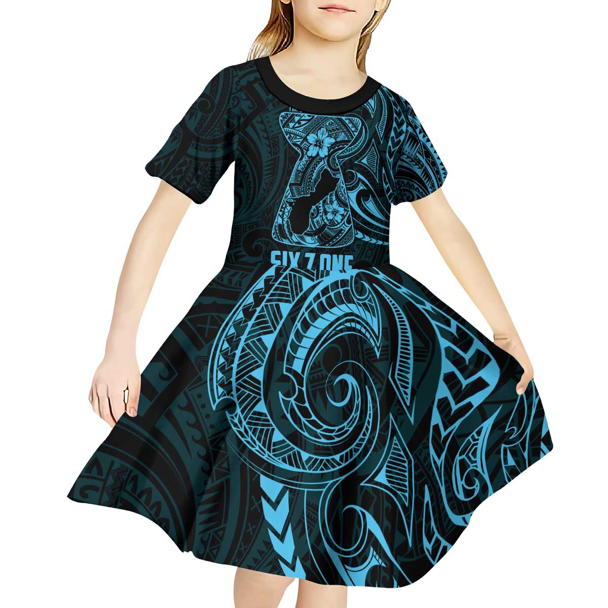 Blue Guam Latte Stone Tribal Tattoo Kid Short Sleeve Dress Hafa Adai Six 7 One