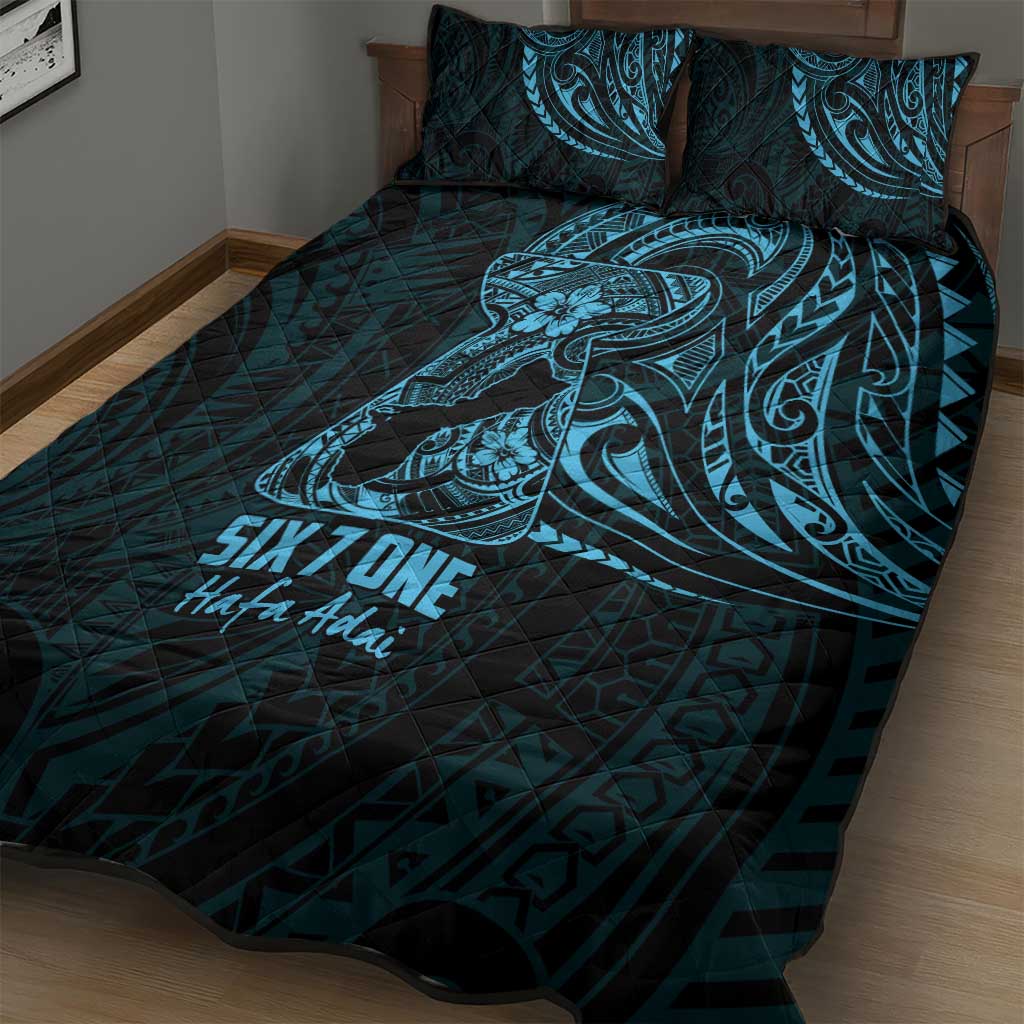 Blue Guam Latte Stone Tribal Tattoo Quilt Bed Set Hafa Adai Six 7 One