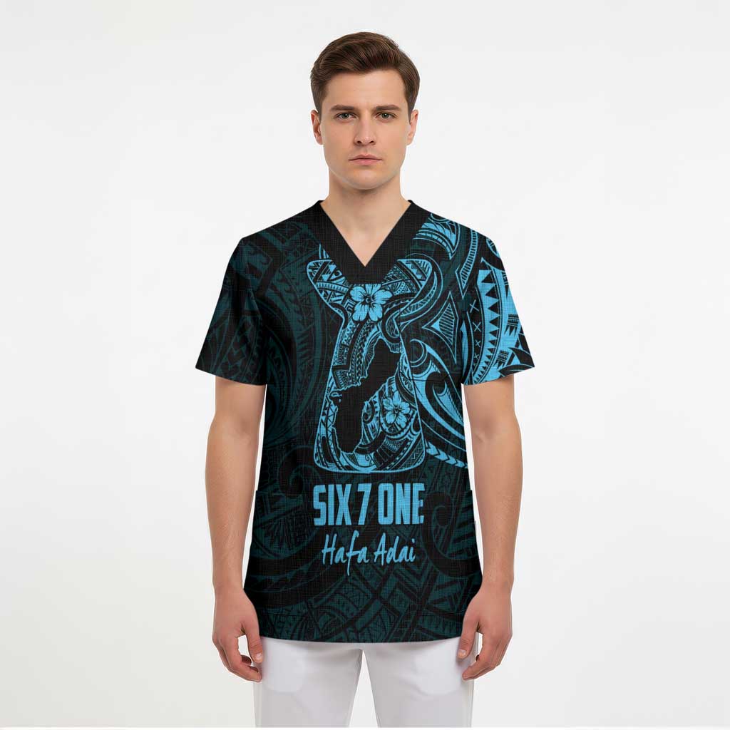 Blue Guam Latte Stone Tribal Tattoo Scrub Top Hafa Adai Six 7 One - Polynesian Pride