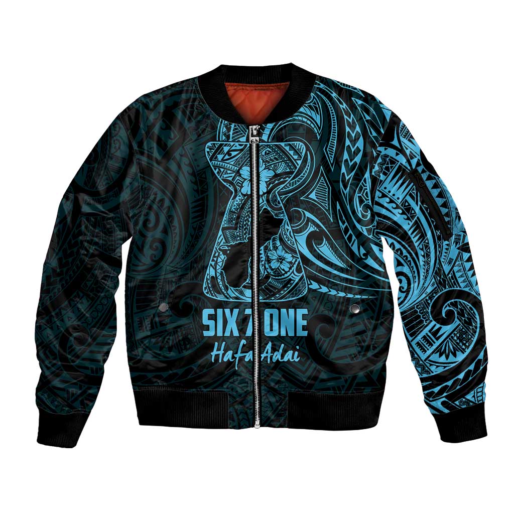 Blue Guam Latte Stone Tribal Tattoo Sleeve Zip Bomber Jacket Hafa Adai Six 7 One