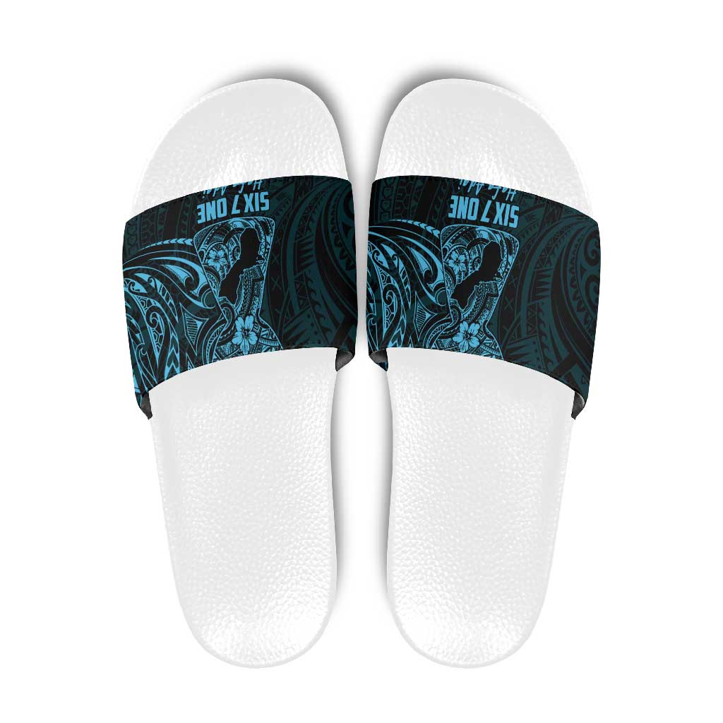 Blue Guam Latte Stone Tribal Tattoo Slide Sandals Hafa Adai Six 7 One - Polynesian Pride