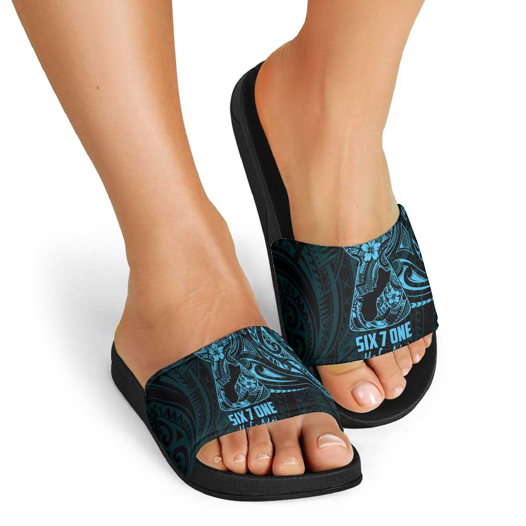Blue Guam Latte Stone Tribal Tattoo Slide Sandals Hafa Adai Six 7 One - Polynesian Pride