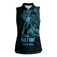 Blue Guam Latte Stone Tribal Tattoo Women Sleeveless Polo Shirt Hafa Adai Six 7 One