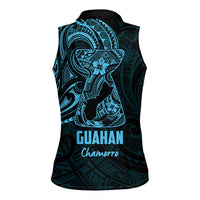 Blue Guam Latte Stone Tribal Tattoo Women Sleeveless Polo Shirt Hafa Adai Six 7 One
