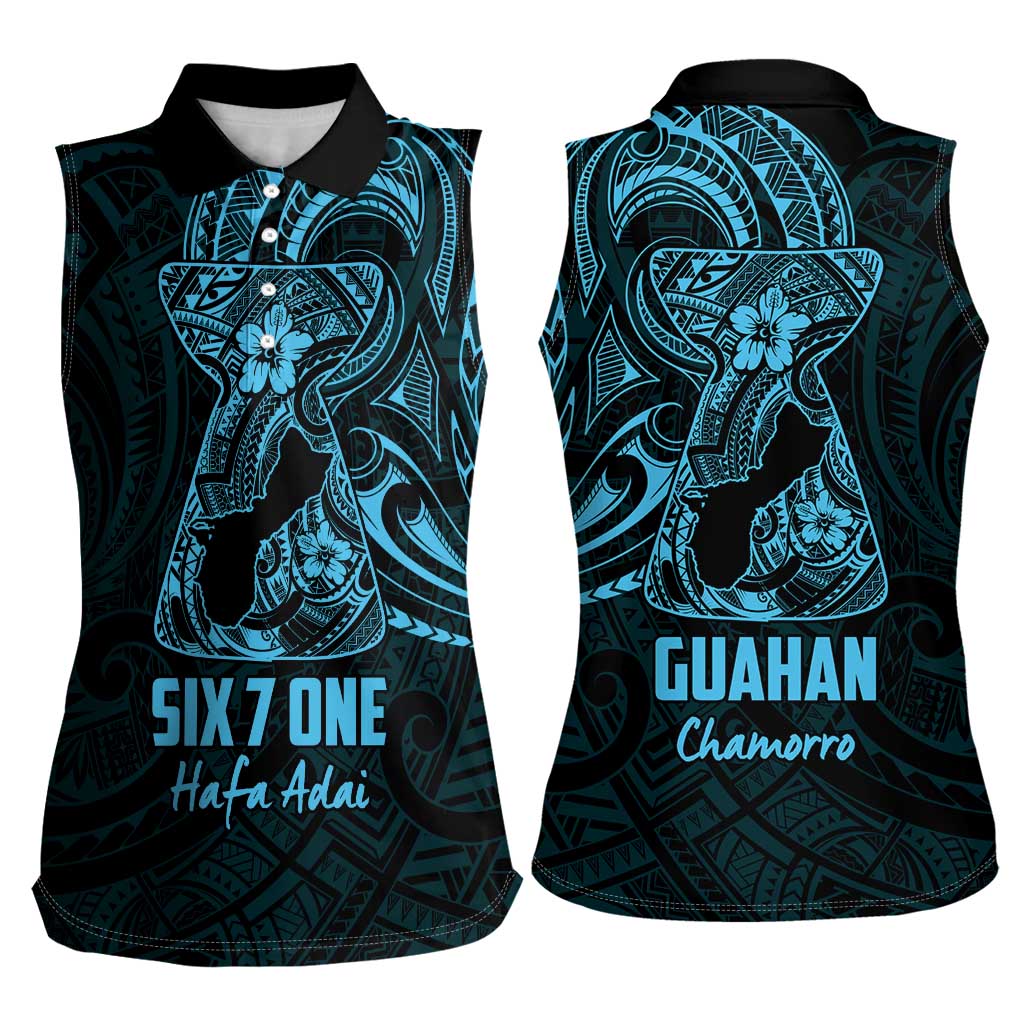 Blue Guam Latte Stone Tribal Tattoo Women Sleeveless Polo Shirt Hafa Adai Six 7 One