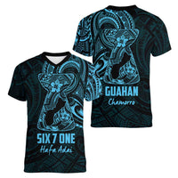 Blue Guam Latte Stone Tribal Tattoo Women V-Neck T-Shirt Hafa Adai Six 7 One