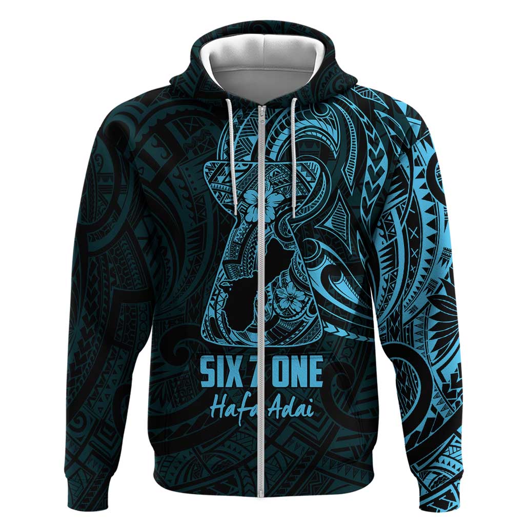 Blue Guam Latte Stone Tribal Tattoo Zip Hoodie Hafa Adai Six 7 One