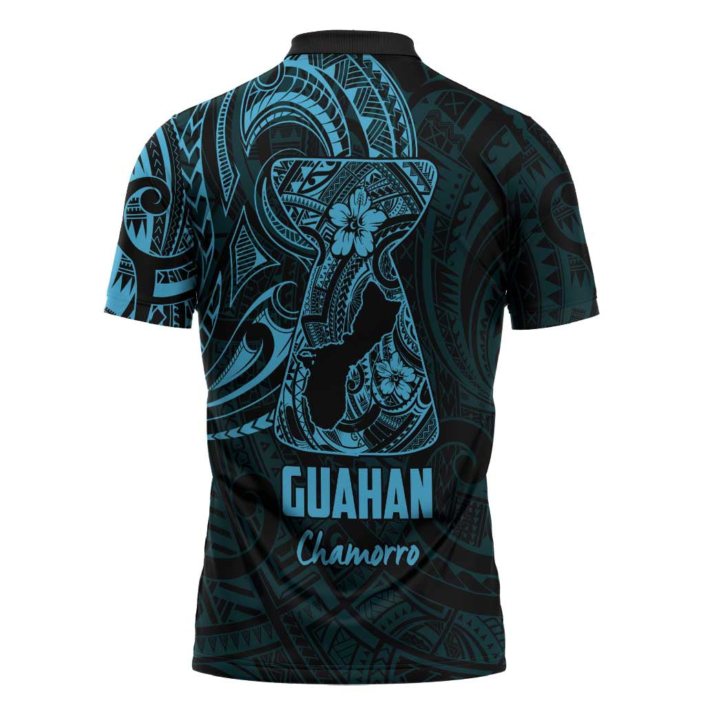 Blue Guam Latte Stone Tribal Tattoo Zipper Polo Shirt Hafa Adai Six 7 One - Polynesian Pride